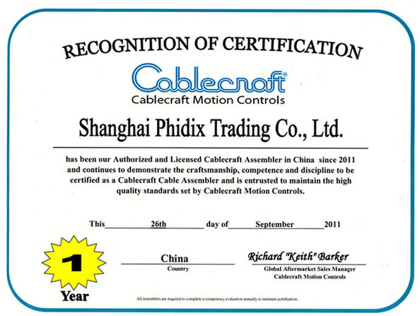 Chine Phidix Motion Controls (Shanghai) Co., Ltd. certifications